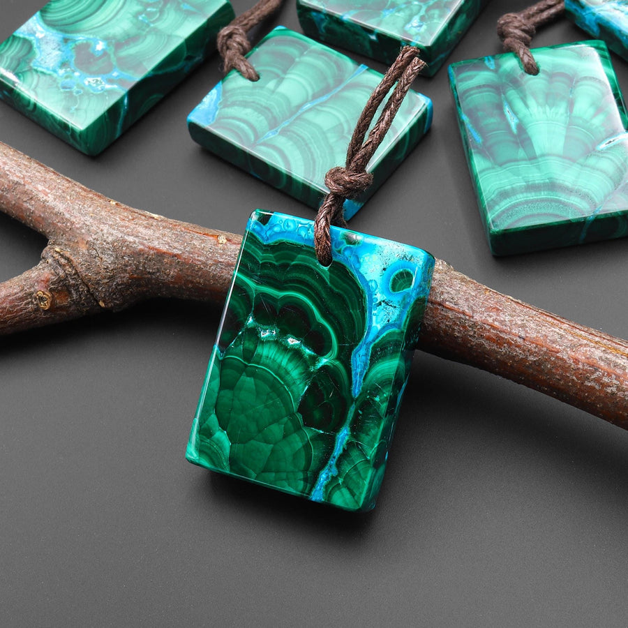 Extremely Rare Natural Blue Chrysocolla Green Malachite Rectangle Tile Pendant PDT0891 A4