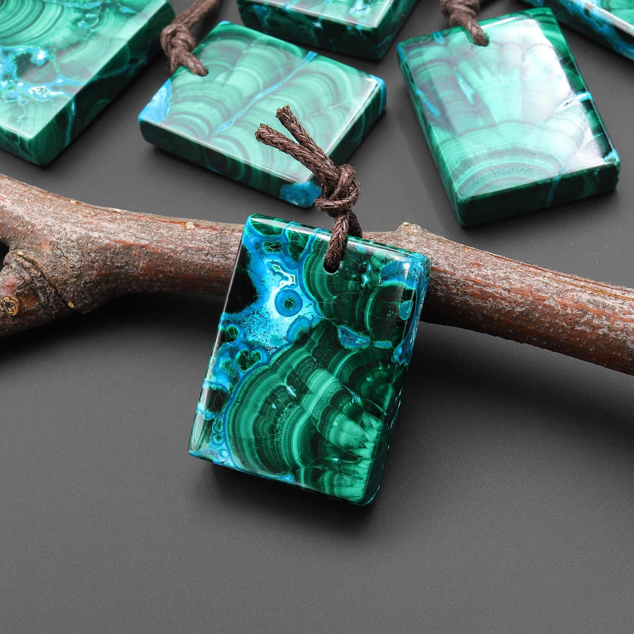 Extremely Rare Natural Blue Chrysocolla Green Malachite Rectangle Tile Pendant PDT0891 A6