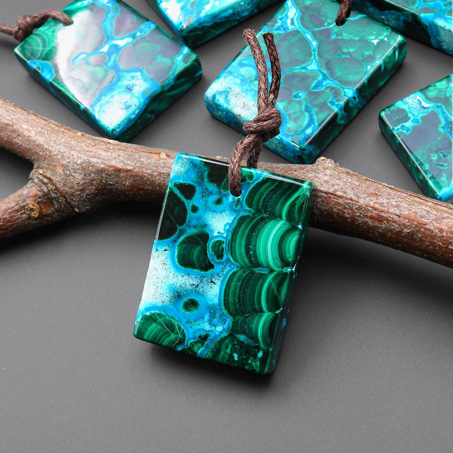 Extremely Rare Natural Shattuckite Blue Chrysocolla Green Malachite Rectangle Tile Pendant PDT0889