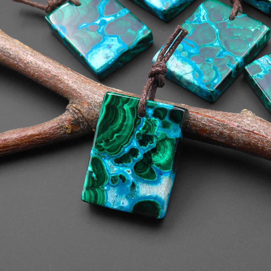 Extremely Rare Natural Shattuckite Blue Chrysocolla Green Malachite Rectangle Tile Pendant PDT0889