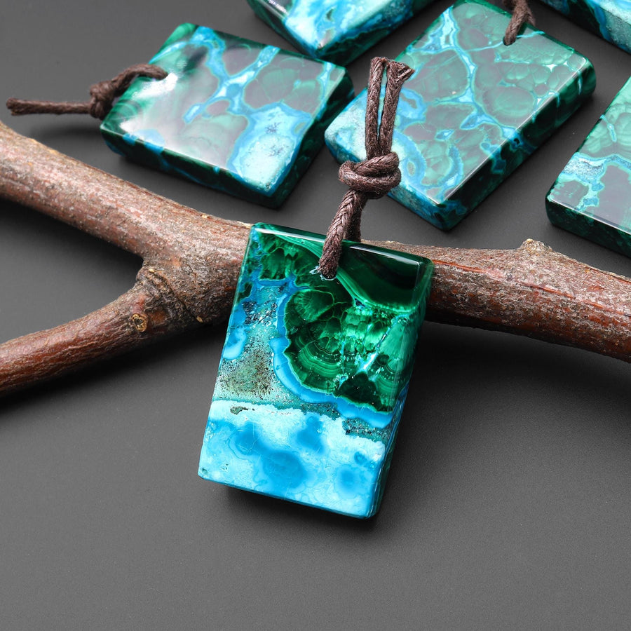 Extremely Rare Natural Shattuckite Blue Chrysocolla Green Malachite Rectangle Tile Pendant PDT0889 A5