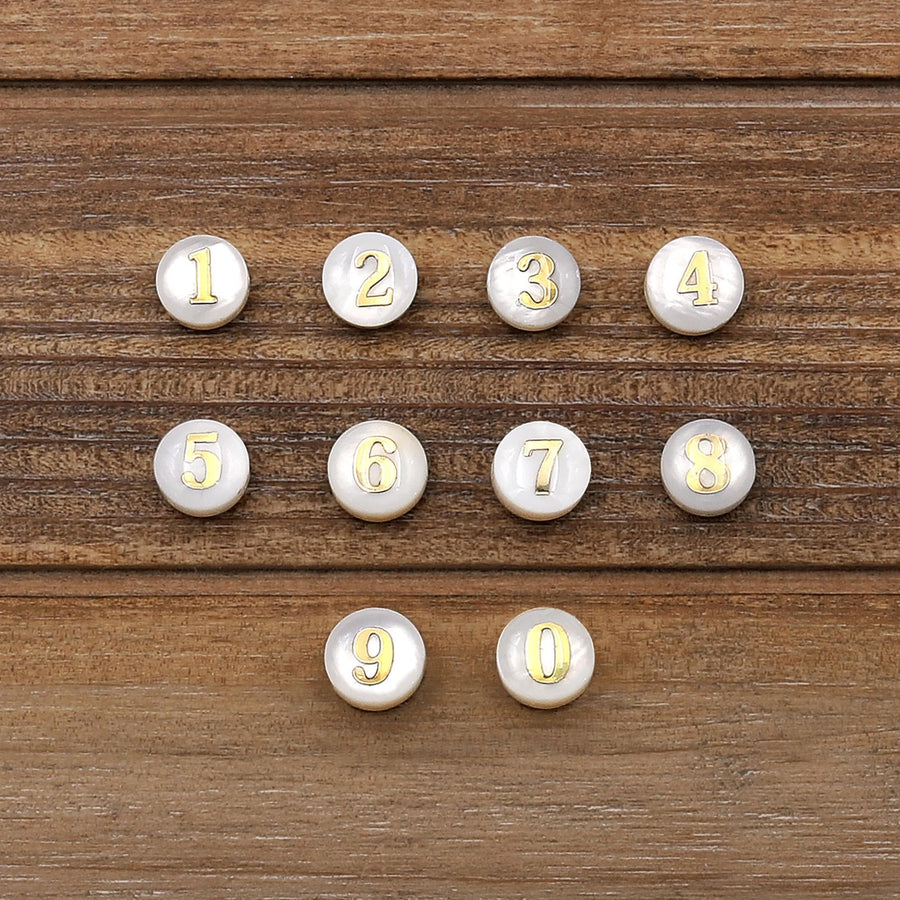 AAA Iridescent Hand Made Natural White Mother of Pearl Shell 8mm Coin Number Beads Choose from 10 Numeric Numbers