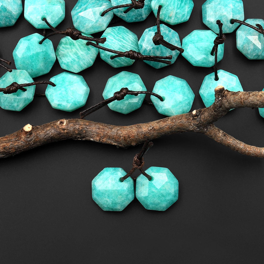 AAA Natural Sea Blue Green Peruvian Amazonite Faceted Geometric Round Octagon Coin Disc 12mm Earring Pair Matched Gemstones A1