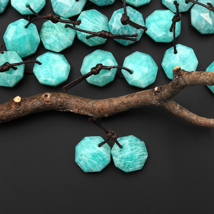 AAA Natural Sea Blue Green Peruvian Amazonite Faceted Geometric Round Octagon Coin Disc 12mm Earring Pair Matched Gemstones A2