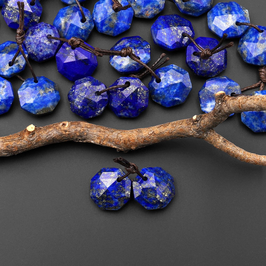 AAA Natural Blue Lapis Faceted Geometric Round Octagon Coin Disc 12mm Earring Pair Matched Gemstones A2