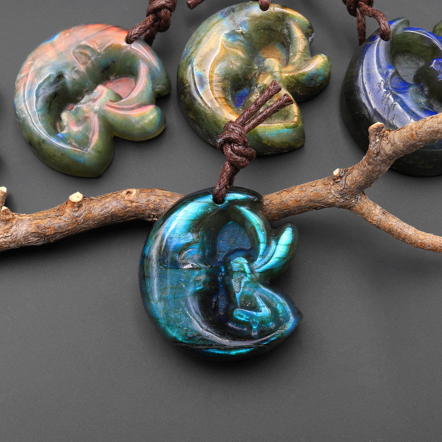 AAA Fiery Hand Carved Natural Labradorite Moon Fairy Pendant Gemstone