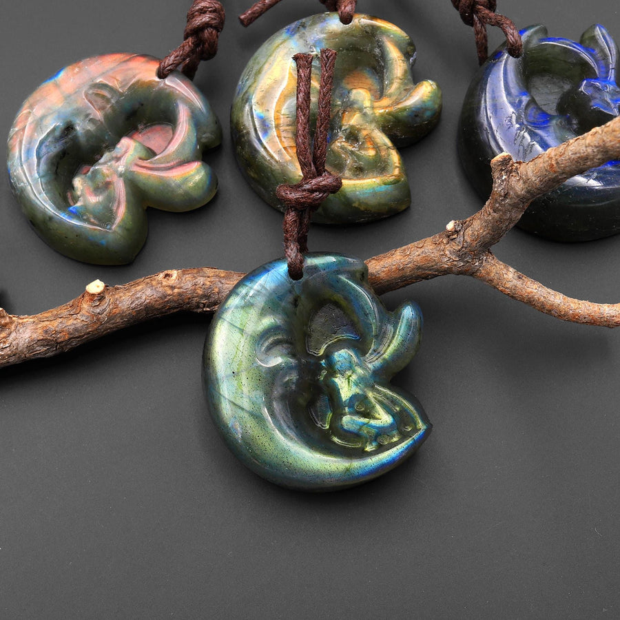 AAA Fiery Hand Carved Natural Labradorite Moon Fairy Pendant Gemstone