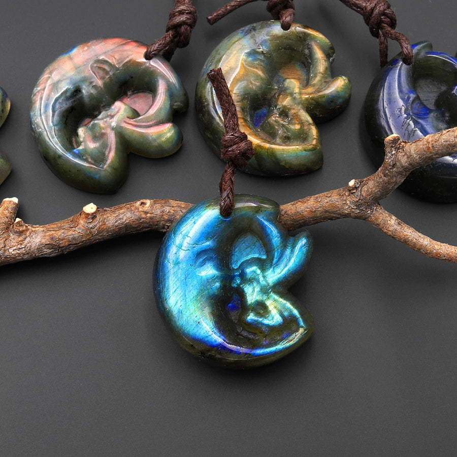 AAA Fiery Hand Carved Natural Labradorite Moon Fairy Pendant Gemstone A6