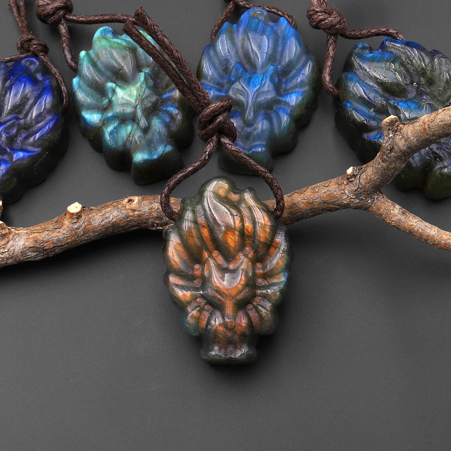 AAA Hand Carved Natural Nine-Tailed Fox Labradorite Pendant Side Drilled Gemstone PDT0879