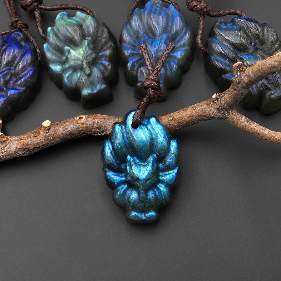 AAA Hand Carved Natural Nine-Tailed Fox Labradorite Pendant Drilled Gemstone PDT0879 A9