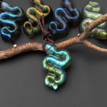 AAA Hand Carved Natural Golden Blue Green Labradorite Snake Pendant Side Drilled Gemstone