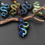 AAA Hand Carved Natural Golden Blue Green Labradorite Snake Pendant Side Drilled Gemstone