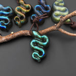 AAA Hand Carved Natural Golden Blue Green Labradorite Snake Pendant Side Drilled Gemstone