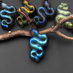 AAA Hand Carved Natural Golden Blue Green Labradorite Snake Pendant Side Drilled Gemstone