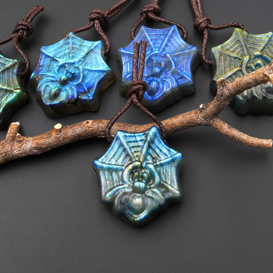 AAA Hand Carved Natural Golden Blue Green Labradorite Spider Web Pendant Side Drilled Gemstone A3