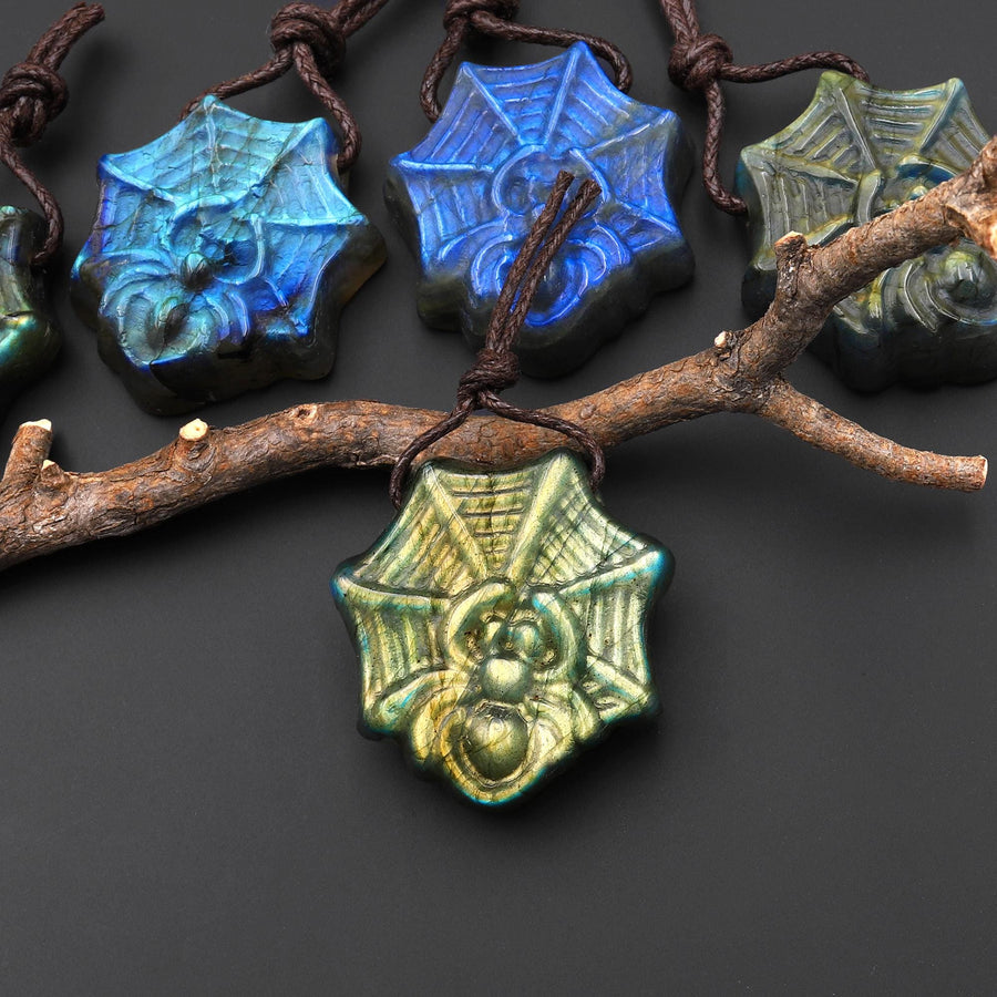 AAA Hand Carved Natural Golden Blue Green Labradorite Spider Web Pendant Side Drilled Gemstone A5