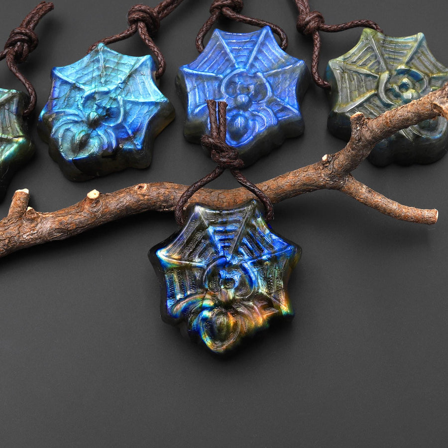AAA Hand Carved Natural Golden Blue Green Labradorite Spider Web Pendant Side Drilled Gemstone A9