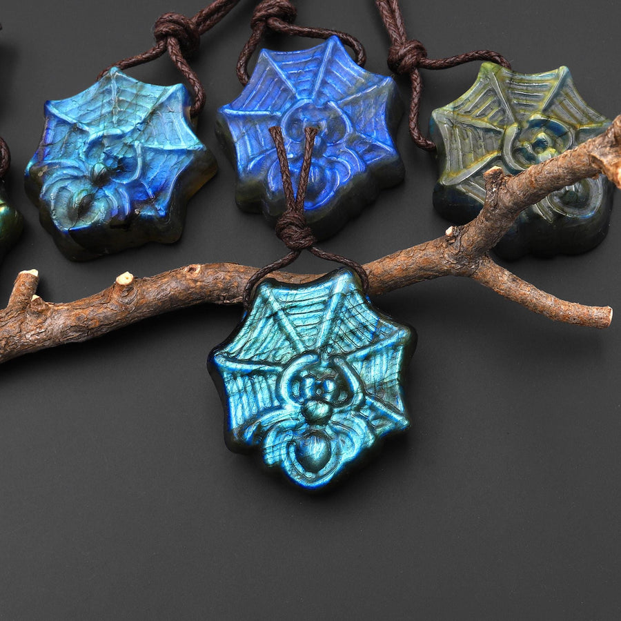 AAA Hand Carved Natural Golden Blue Green Labradorite Spider Web Pendant Side Drilled Gemstone A12