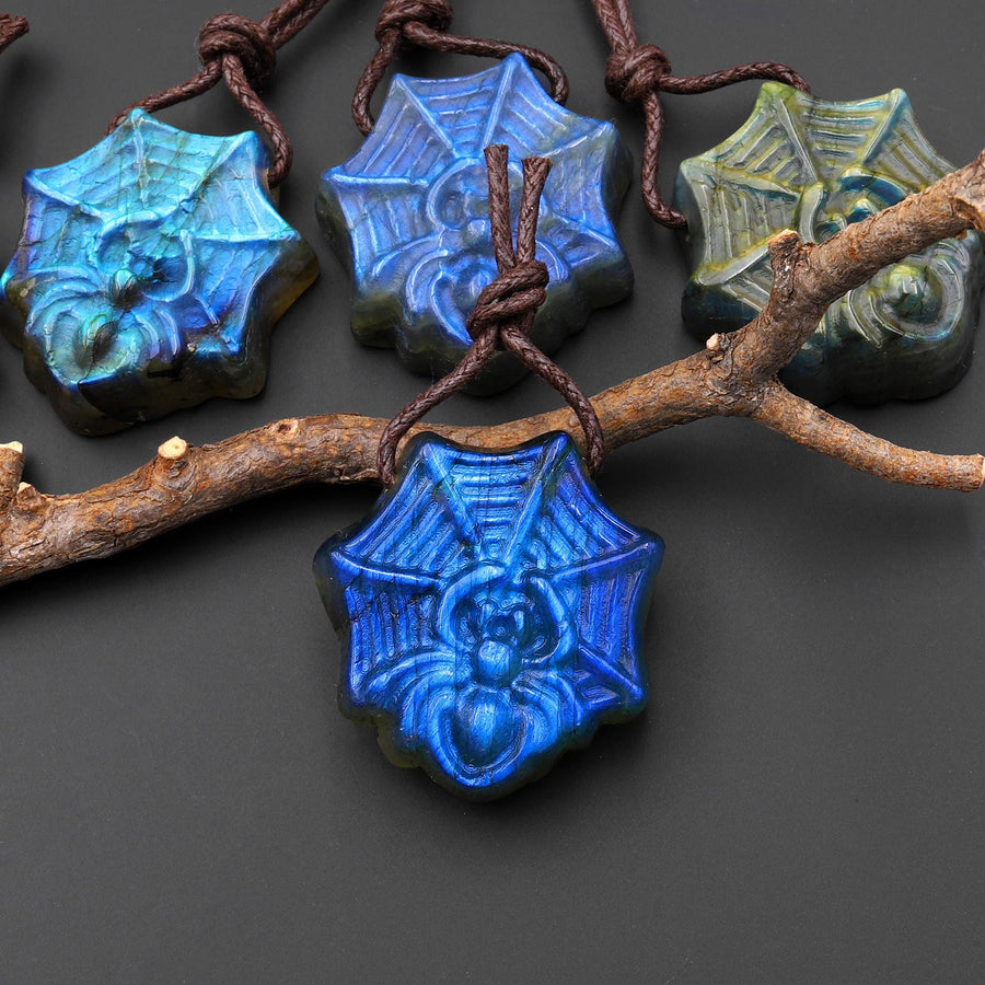 AAA Hand Carved Natural Golden Blue Green Labradorite Spider Web Pendant Side Drilled Gemstone A13