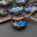 AAA 2 Two Hole Side Drilled Pendant Hand Carved Natural Labradorite Angel Wing Heart Drilled Gemstone Focal Bead PDT0881