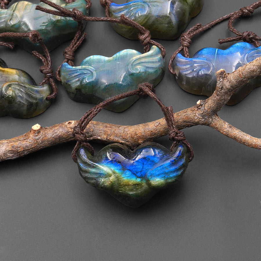 AAA 2 Two Hole Side Drilled Pendant Hand Carved Natural Labradorite Angel Wing Heart Drilled Gemstone Focal Bead PDT0881