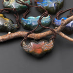 AAA 2 Two Hole Side Drilled Pendant Hand Carved Natural Labradorite Angel Wing Heart Drilled Gemstone Focal Bead PDT0881