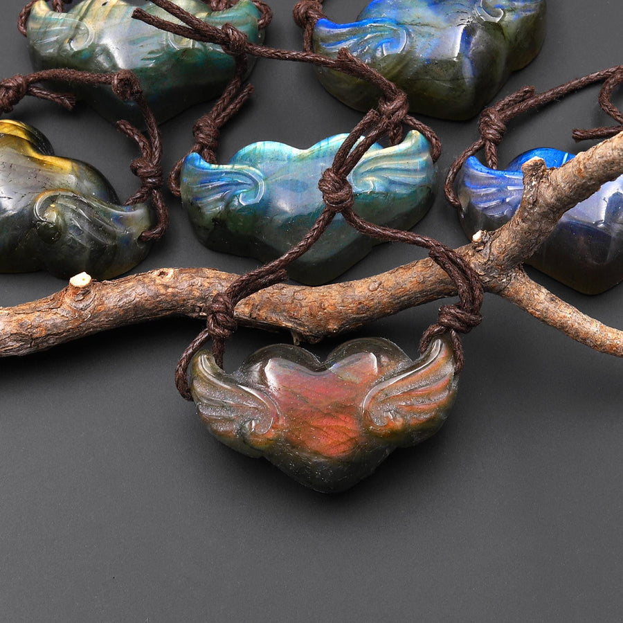 AAA 2 Two Hole Side Drilled Pendant Hand Carved Natural Labradorite Angel Wing Heart Drilled Gemstone Focal Bead PDT0881