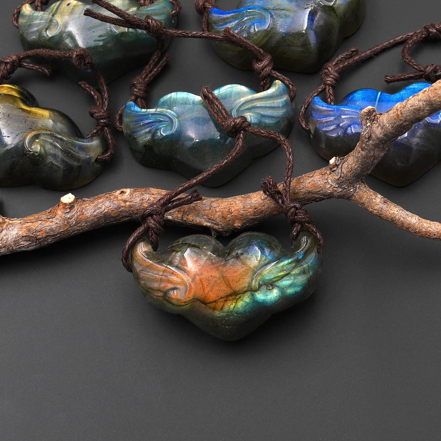 AAA 2 Two Hole Side Drilled Pendant Hand Carved Natural Labradorite Angel Wing Heart Drilled Gemstone Focal Bead PDT0881 A8