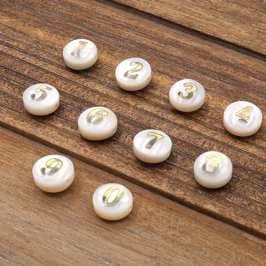 AAA Iridescent Hand Made Natural White Mother of Pearl Shell 8mm Coin Number Beads Choose from 10 Numeric Numbers