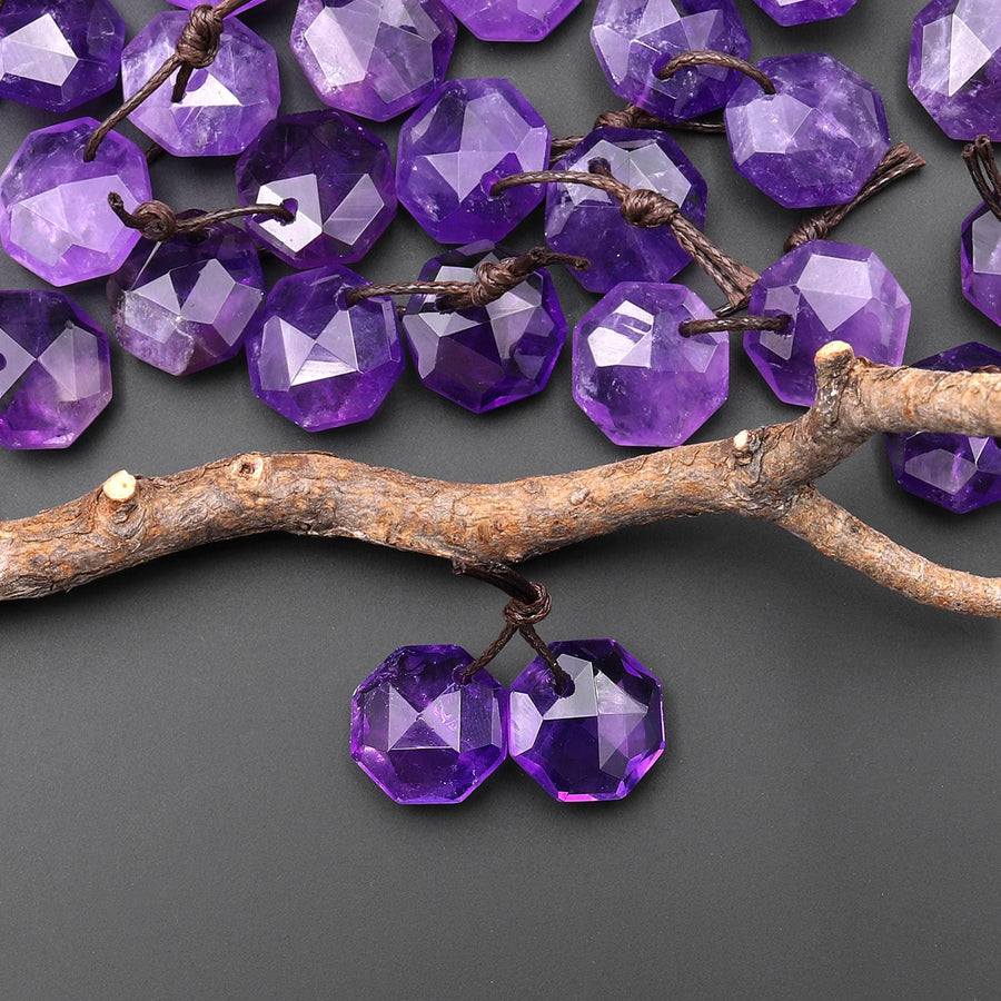 Natural Natural Purple Amethyst Faceted Geometric Round Octagon Coin Disc 12mm Earring Pair Matched Gemstones A1