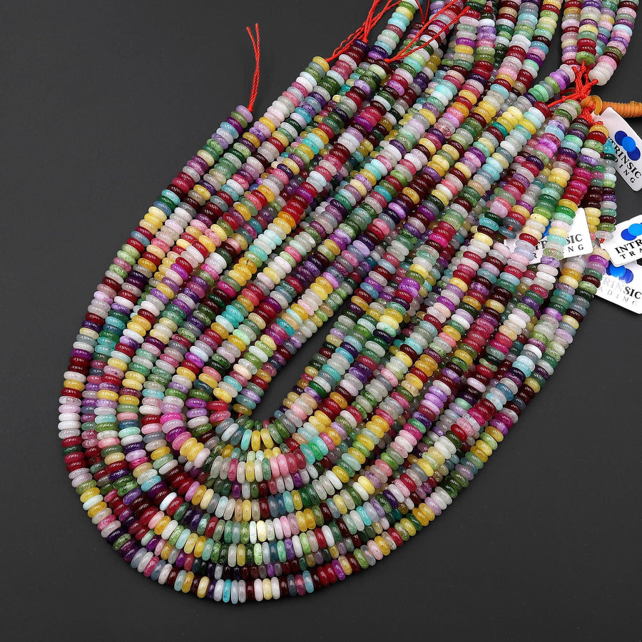 Gemstone Confetti - Mixed Multicolor 6mm Thin Smooth Rondelle Jade Green Pink Lavender Aqua Yellow Burgundy Beads 15.5" Strand