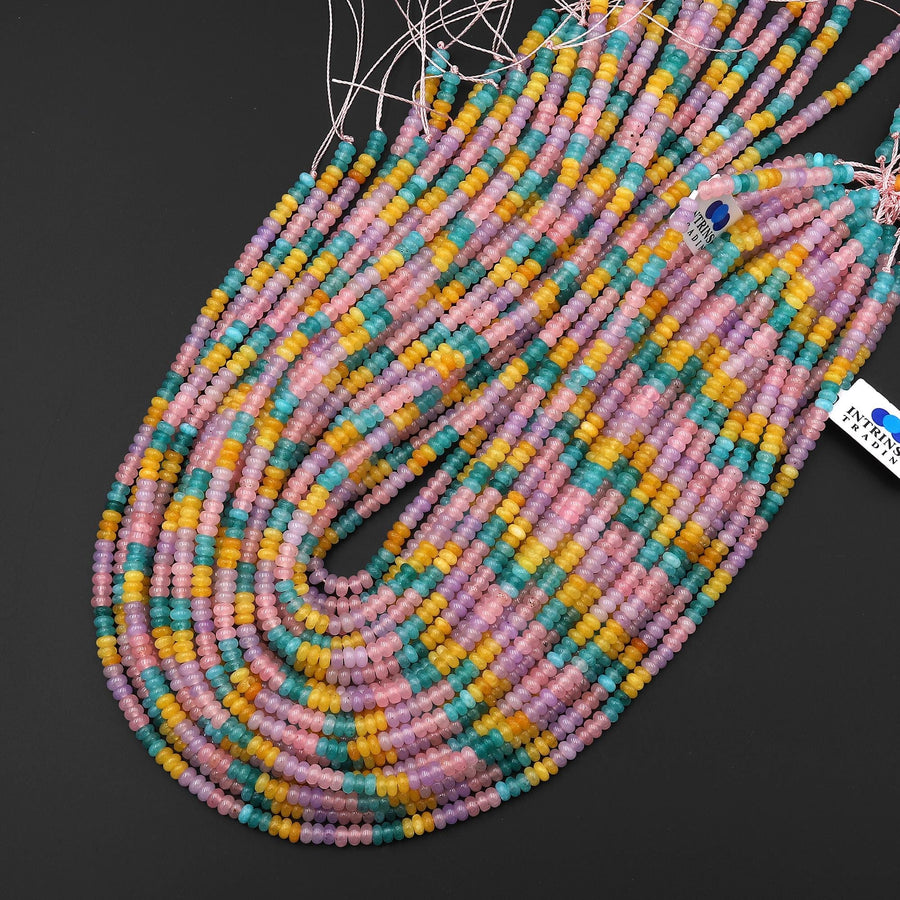 Pastel Confetti - Mixed Multicolor 4mm Smooth Rondelle Jade Green Pink Lavender Aqua Turquoise Blue Yellow Beads 15.5" Strand