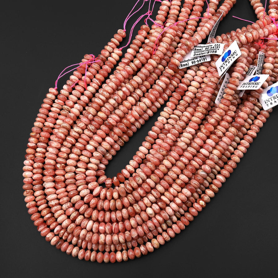 AAA Natural Pink Red Rhodochrosite Smooth 5mm 6mm 7mm 8mm Rondelle Beads 15.5" Strand