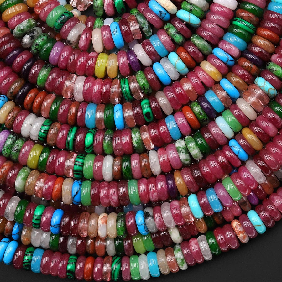 Berry Carnival- Mixed Multicolor 6mm Thin Smooth Rondelle Jade Raspberry Pink Red Turquoise Blue Green Coral Orange Beads 15.5" Strand