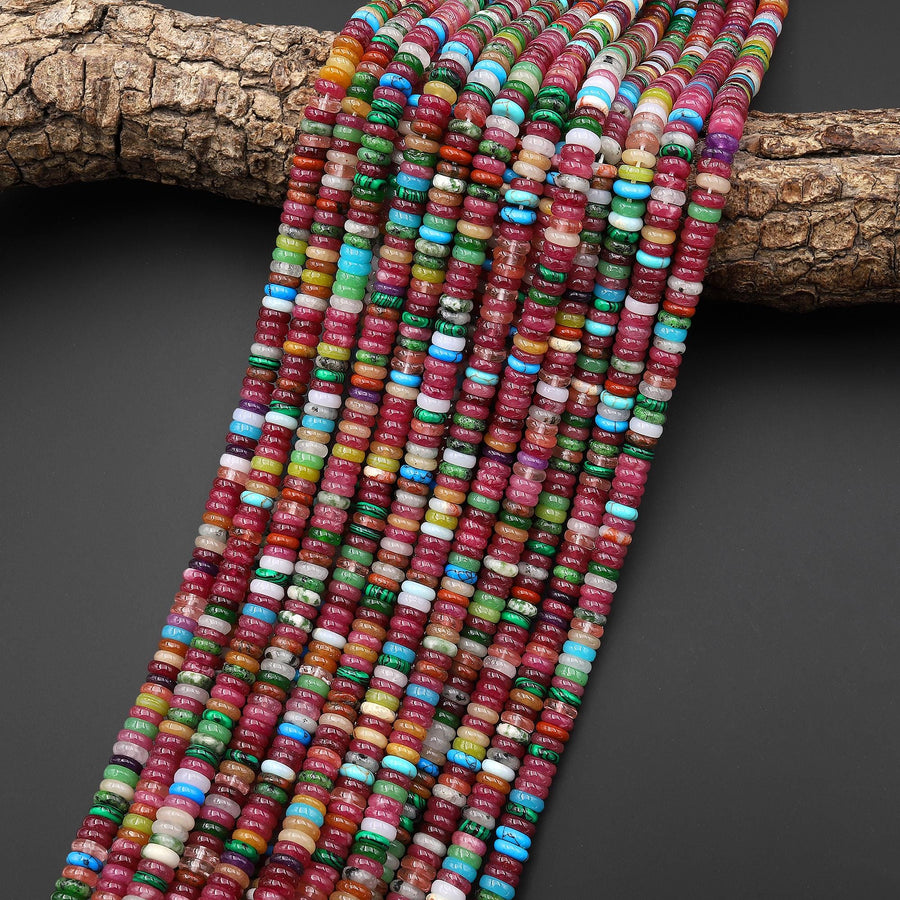 Berry Carnival- Mixed Multicolor 6mm Thin Smooth Rondelle Jade Raspberry Pink Red Turquoise Blue Green Coral Orange Beads 15.5" Strand