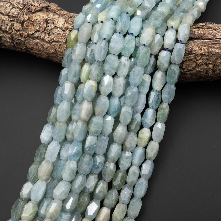 AAA Faceted Translucent Natural Blue Aquamarine Barrel Nugget Beads 15.5" Strand