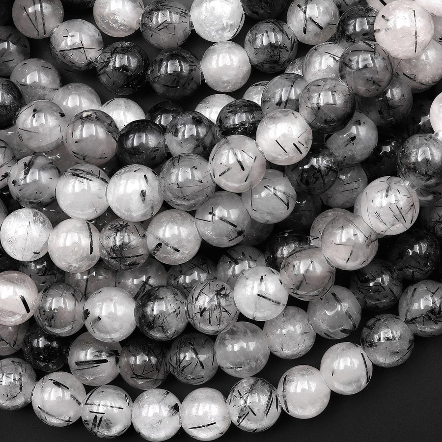 Large Hole Beads 2mm 3mm Drill Natural Black Tourmaline Rutile Rutilated Quartz 6mm 8mm Round Beads 8" Strand