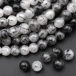 Large Hole Beads 2mm 3mm Drill Natural Black Tourmaline Rutile Rutilated Quartz 6mm 8mm Round Beads 8" Strand