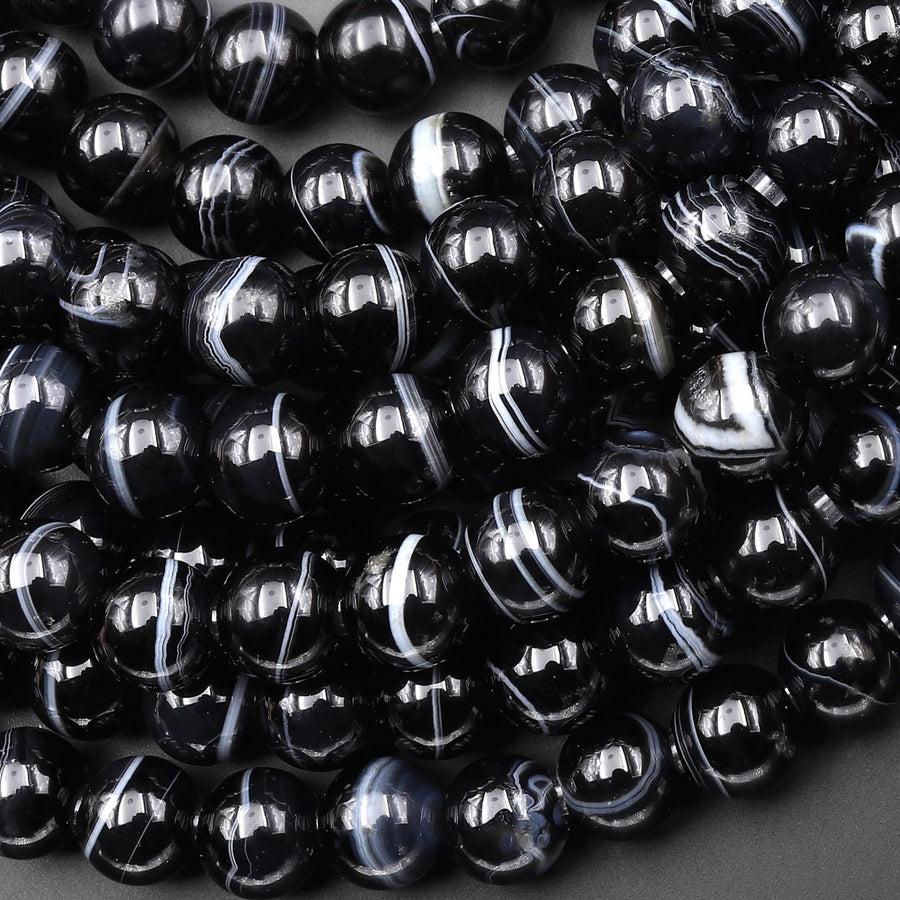 AAA Large Hole Beads 2.5mm Drill Natural Black Tuxedo Agate 8mm Round Beads 8" Strand