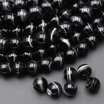 AAA Large Hole Beads 2.5mm Drill Natural Black Tuxedo Agate 8mm Round Beads 8" Strand