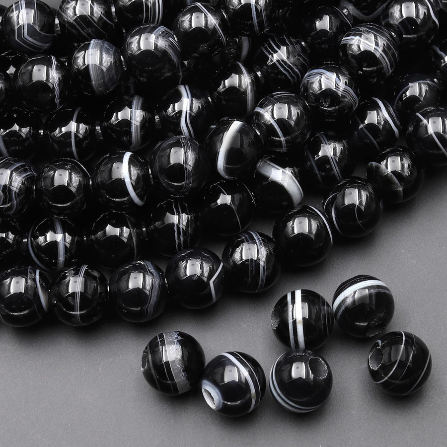 AAA Large Hole Beads 2.5mm Drill Natural Black Tuxedo Agate 8mm Round Beads 8" Strand
