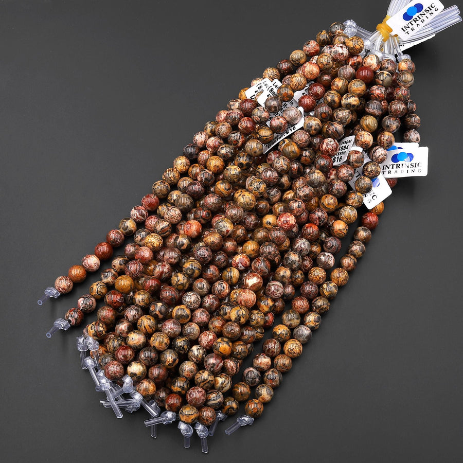 AAA Large Hole Beads 2.5mm Drill Natural Leopard Skin Jasper 8mm Round Beads 8" Strand