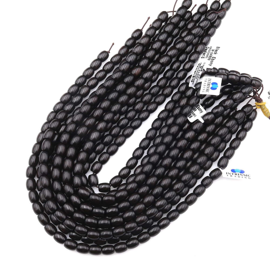 Natural Black Kamagong Ebony Wood Smooth Barrel Drum Beads 8mm Great For Mala Prayer Meditation Therapy 15.5" Strand