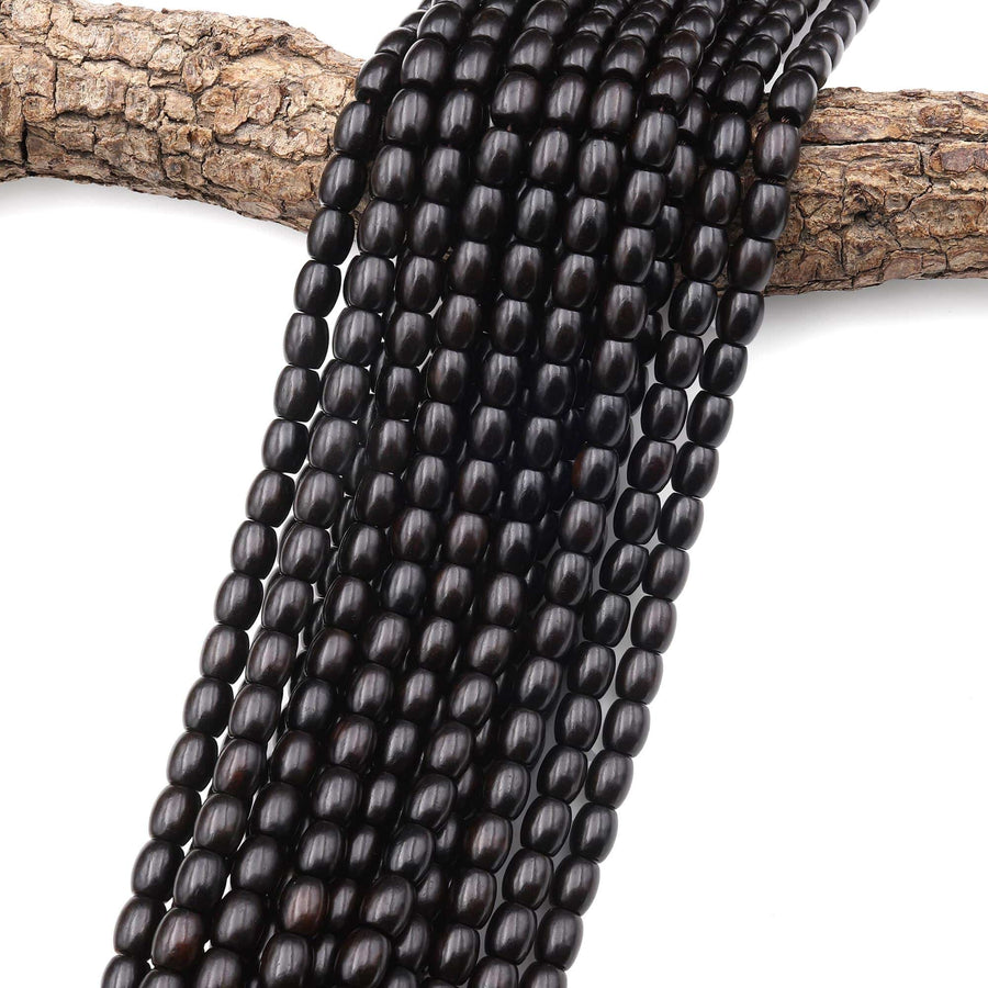 Natural Black Kamagong Ebony Wood Smooth Barrel Drum Beads 8mm Great For Mala Prayer Meditation Therapy 15.5" Strand