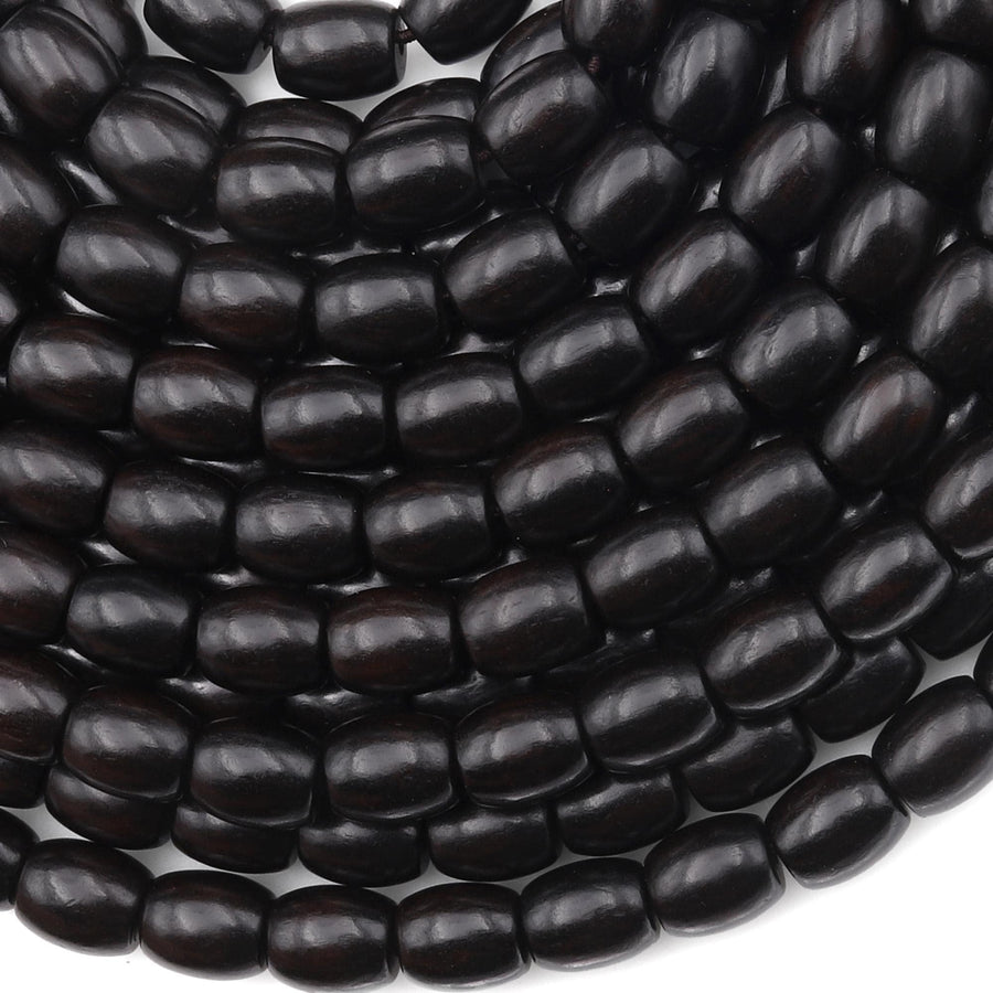 Natural Black Kamagong Ebony Wood Smooth Barrel Drum Beads 8mm Great For Mala Prayer Meditation Therapy 15.5" Strand