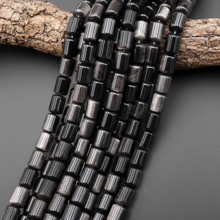 AAA Natural Silver Obsidian Smooth Barrel Cylinder Tube Beads 10x13mm 15.5" Strand