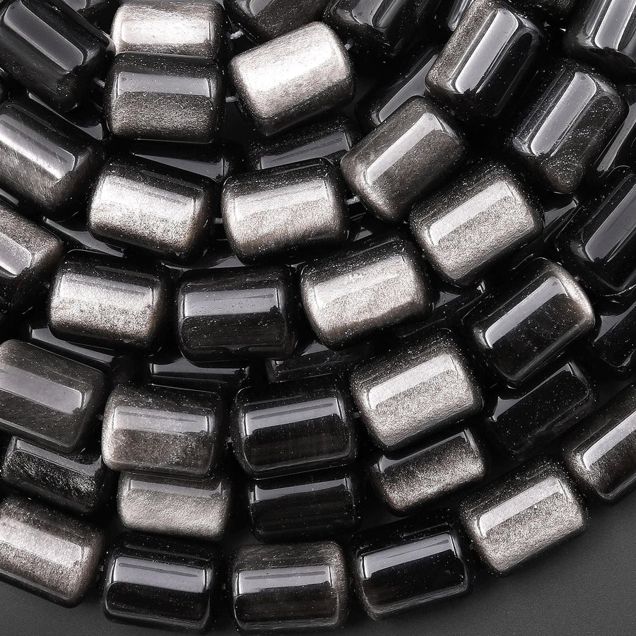 AAA Natural Silver Obsidian Smooth Barrel Cylinder Tube Beads 10x13mm 15.5" Strand