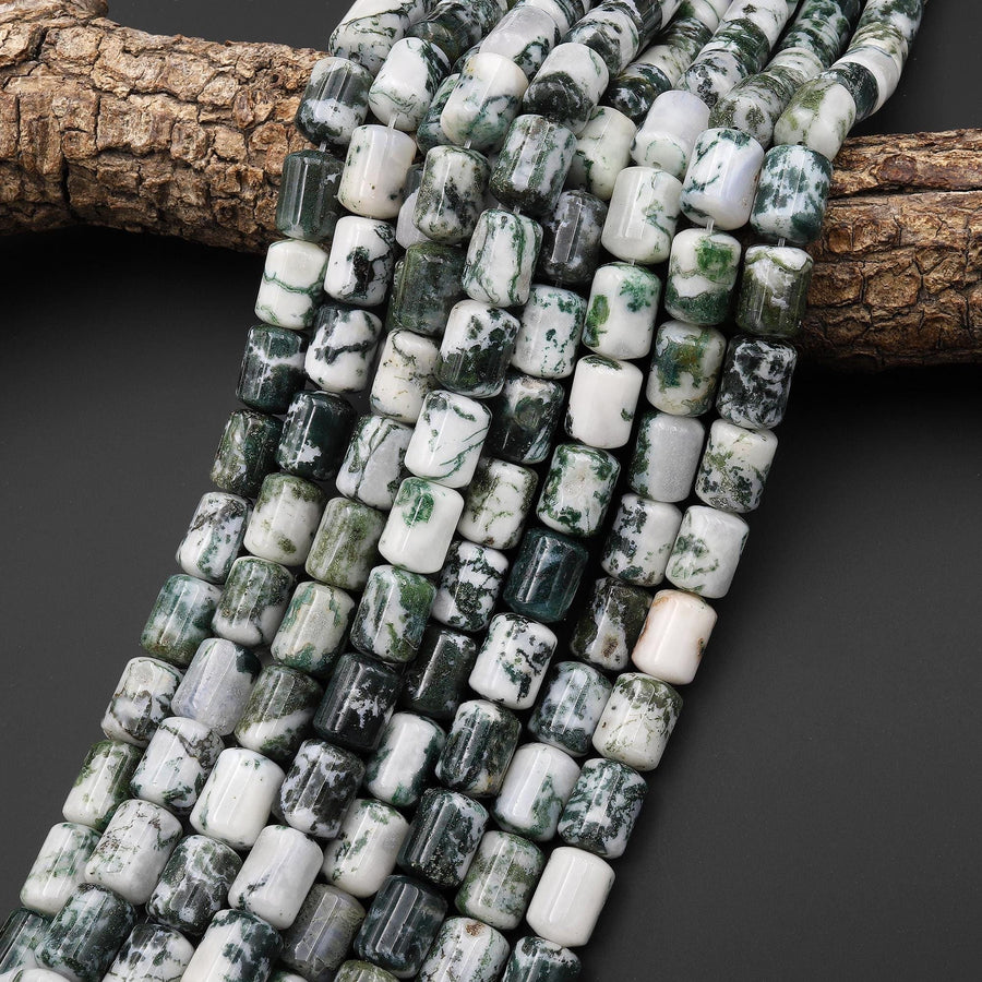 AAA Natural Green Tree Agate Smooth Barrel Cylinder Tube Beads 10x13mm 15.5" Strand
