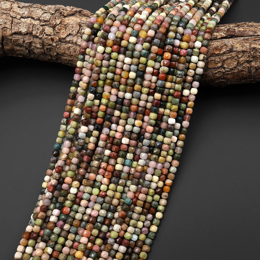 Faceted Natural Imperial Jasper 4mm Cube Beads Micro Diamond Cut Gemstone 15.5" Strand