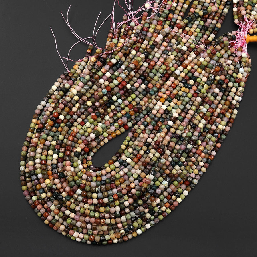 Faceted Natural Imperial Jasper 4mm Cube Beads Micro Diamond Cut Gemstone 15.5" Strand
